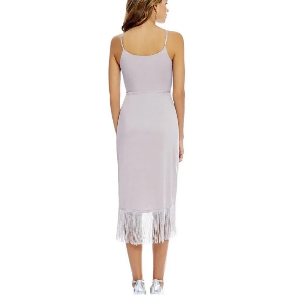 NWT Gianni Bini Fringe Wrap Midi Prima Dress Pebble Purple Flapper Nightlife S